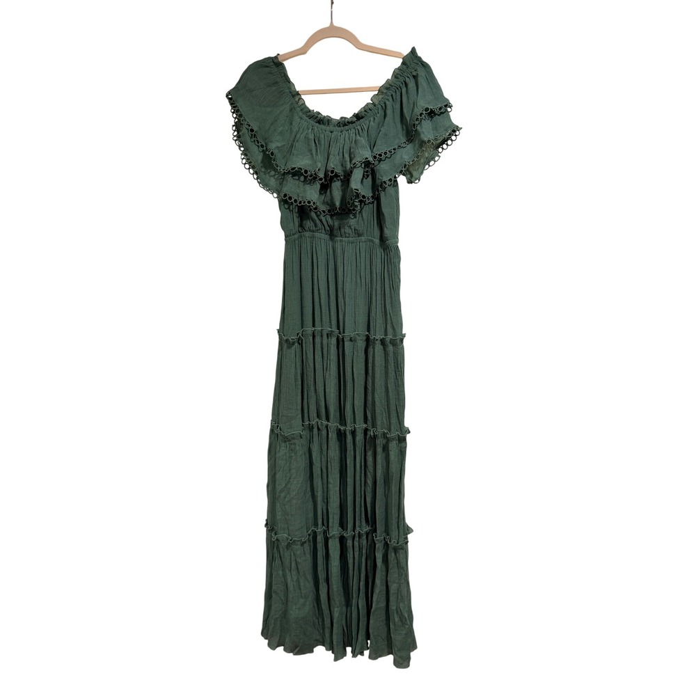 Ee:some Forest Green Off Shoulder Tiered Maxi Dress Boho Eyelet Fairycore Medium